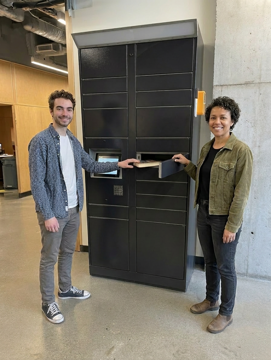 Smart parcel lockers installed in a university hallway