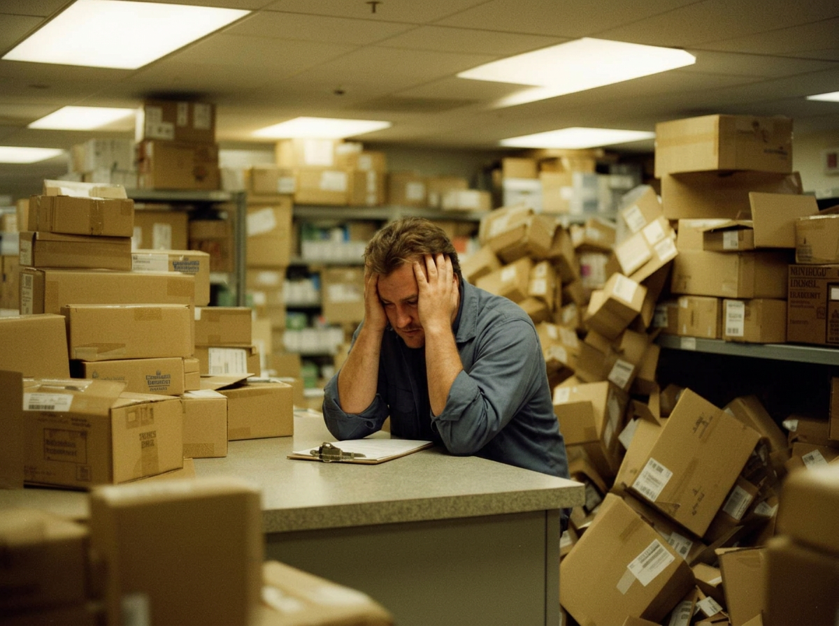 Overwhelmed university mailroom worker surrounded by stacks of packages